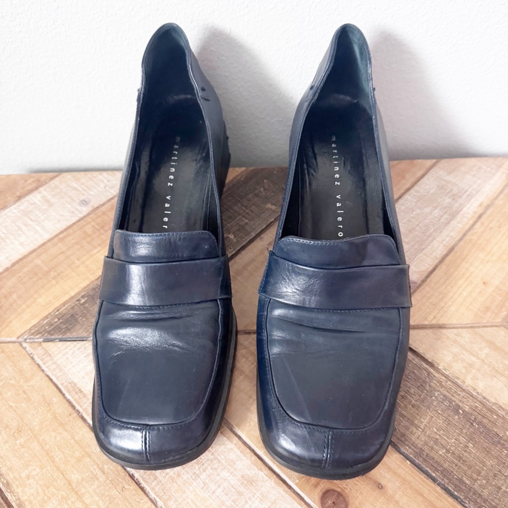 Martinez Valero Dark Navy Leather Block Heel Loafers - Picture 6 of 12